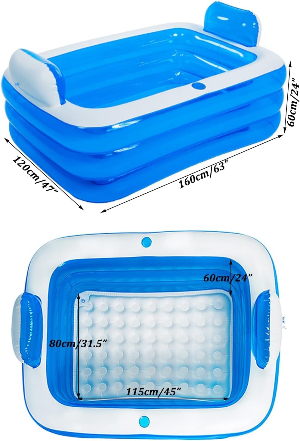 Inflatable Pool, Bathtub, Foldable Inflatable for Adults, Hot Tub, Outdoor, Children's Paddling Pool for Balcony, Garden, Pool, Rectangular with Large Backrest Seat and Drink Holder