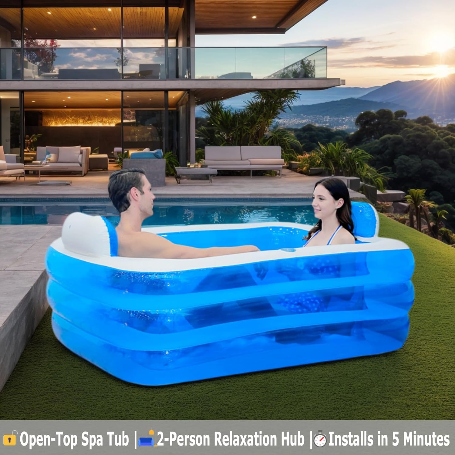 Inflatable Pool, Bathtub, Foldable Inflatable for Adults, Hot Tub, Outdoor, Children's Paddling Pool for Balcony, Garden, Pool, Rectangular with Large Backrest Seat and Drink Holder