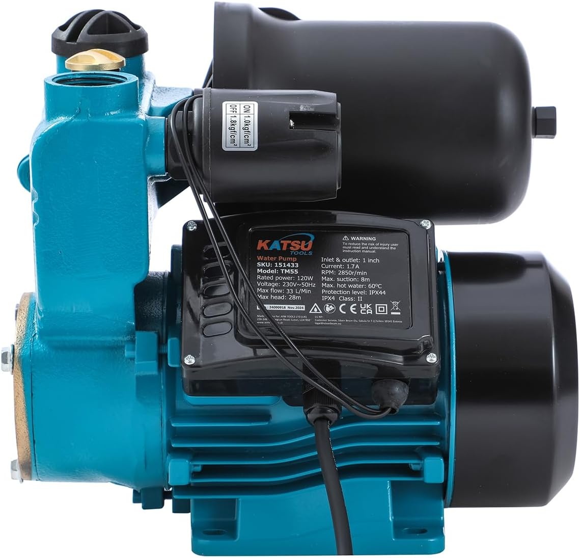 KATSU 151434 Waterdrukpomp, 150 W, automatische start met instelbare drukregeling, automatische zuigkracht, geschikt voor waterkranen voor huis en tuin