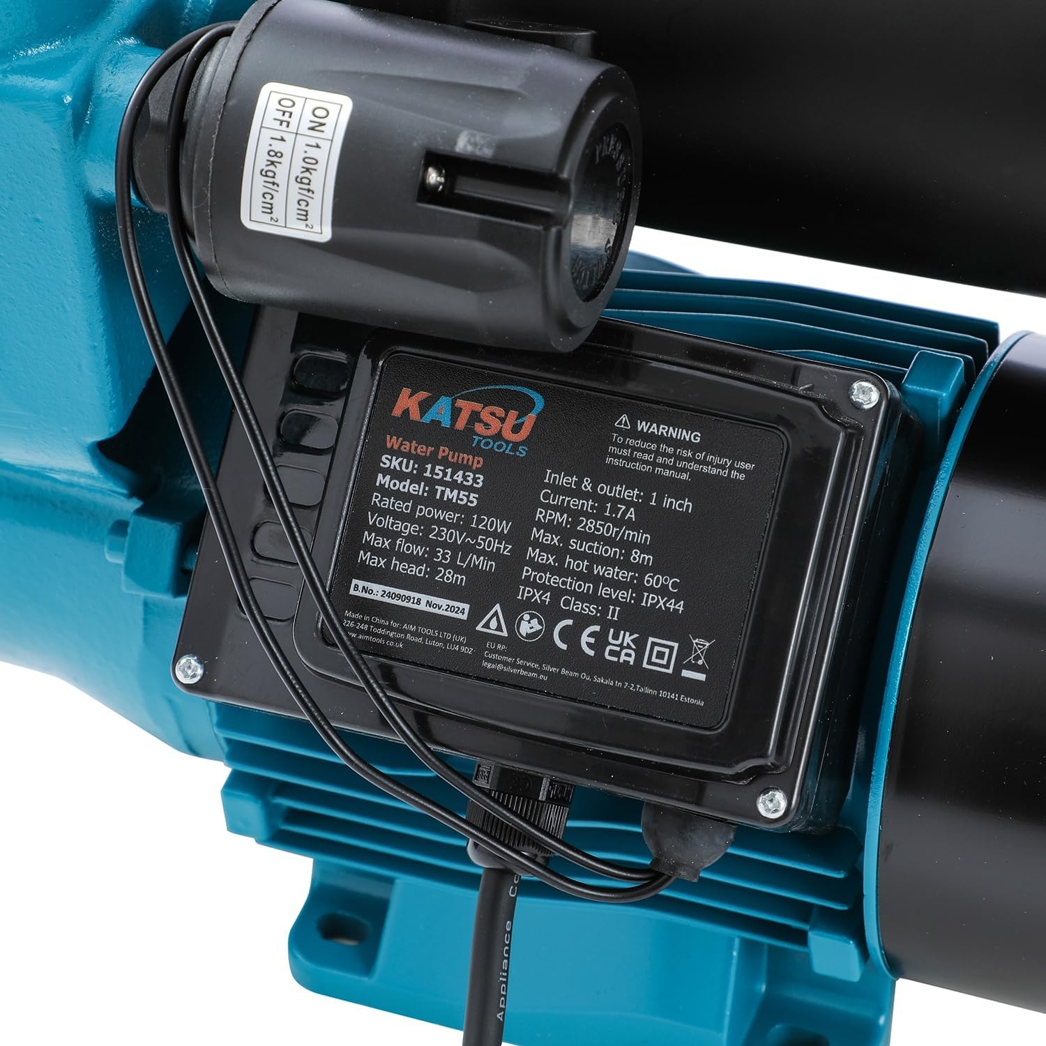 KATSU 151434 Waterdrukpomp, 150 W, automatische start met instelbare drukregeling, automatische zuigkracht, geschikt voor waterkranen voor huis en tuin