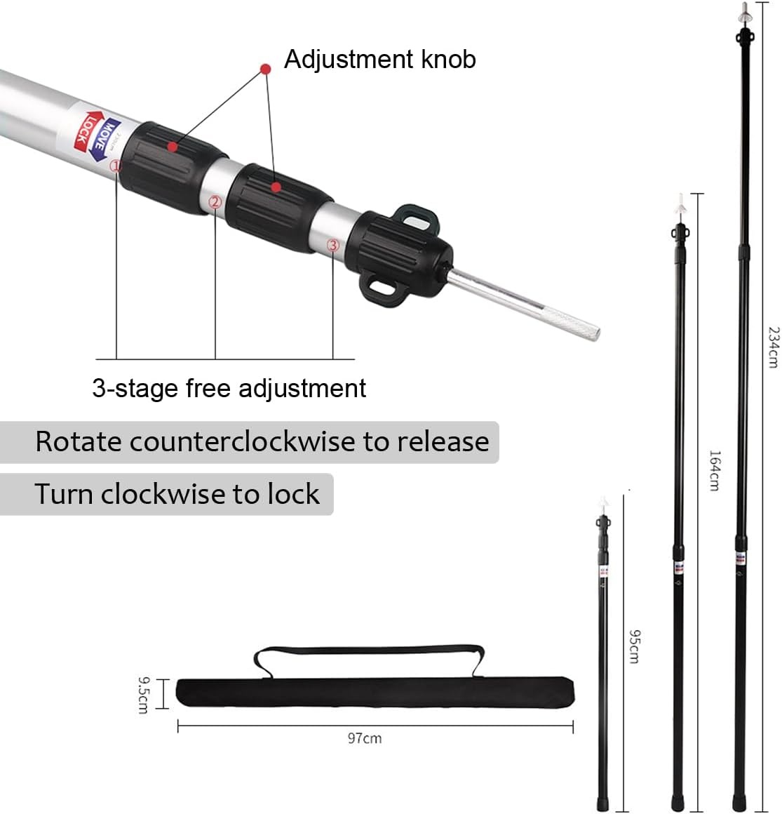 Tiandirenhe Telescoopstang voor tenten, luifelstangen, telescopische tentstangen, aluminium baldakijnsteun, telescoop, 95-234 cm, campingtentstokken, campingstangen voor dekzeilen, luifel, veranda