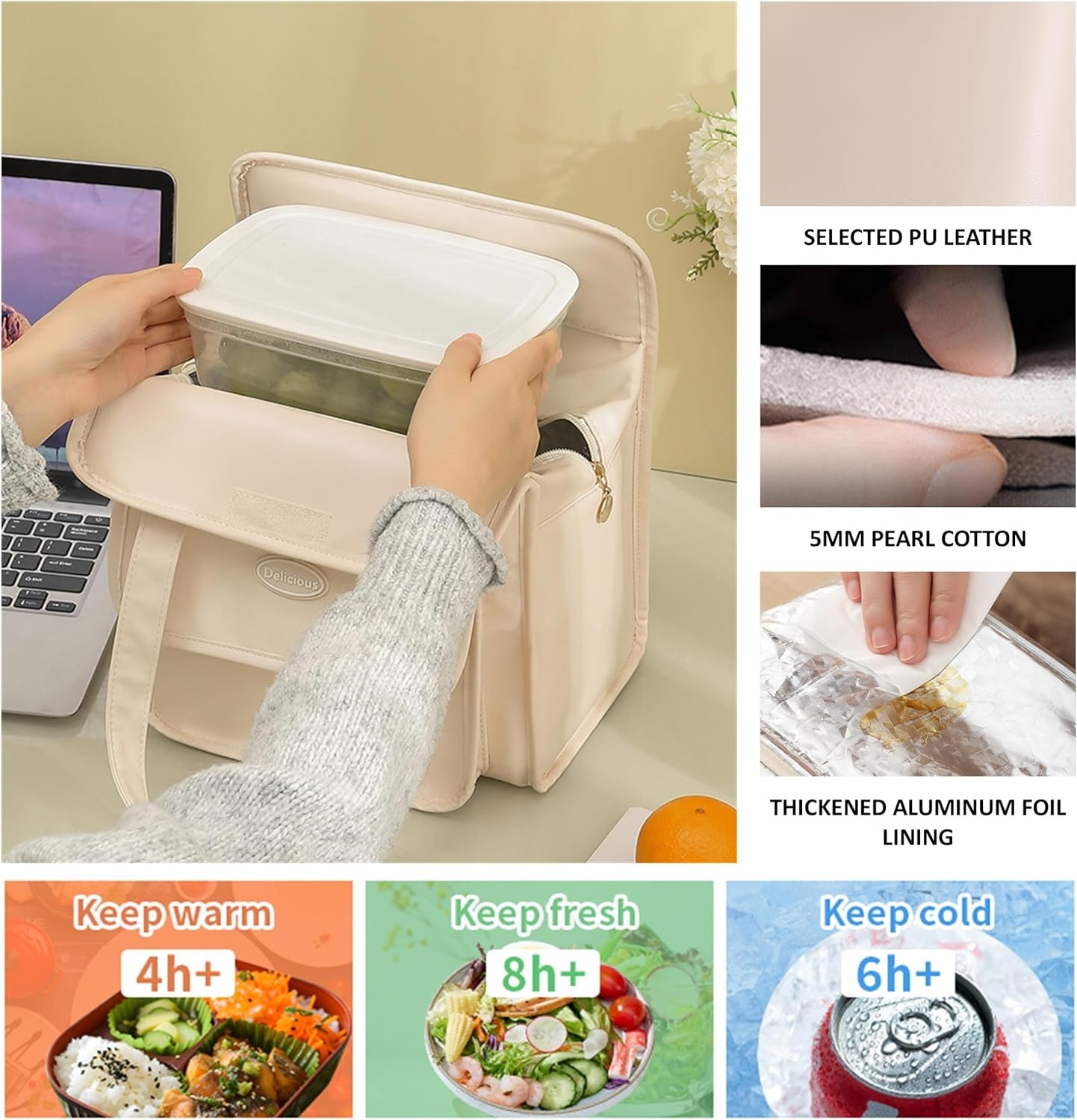 Lunch Bag voor damesmode, lekvrije koeltas, grote leren lunchtas, ideaal voor kantoor, werk of picknick (beige)