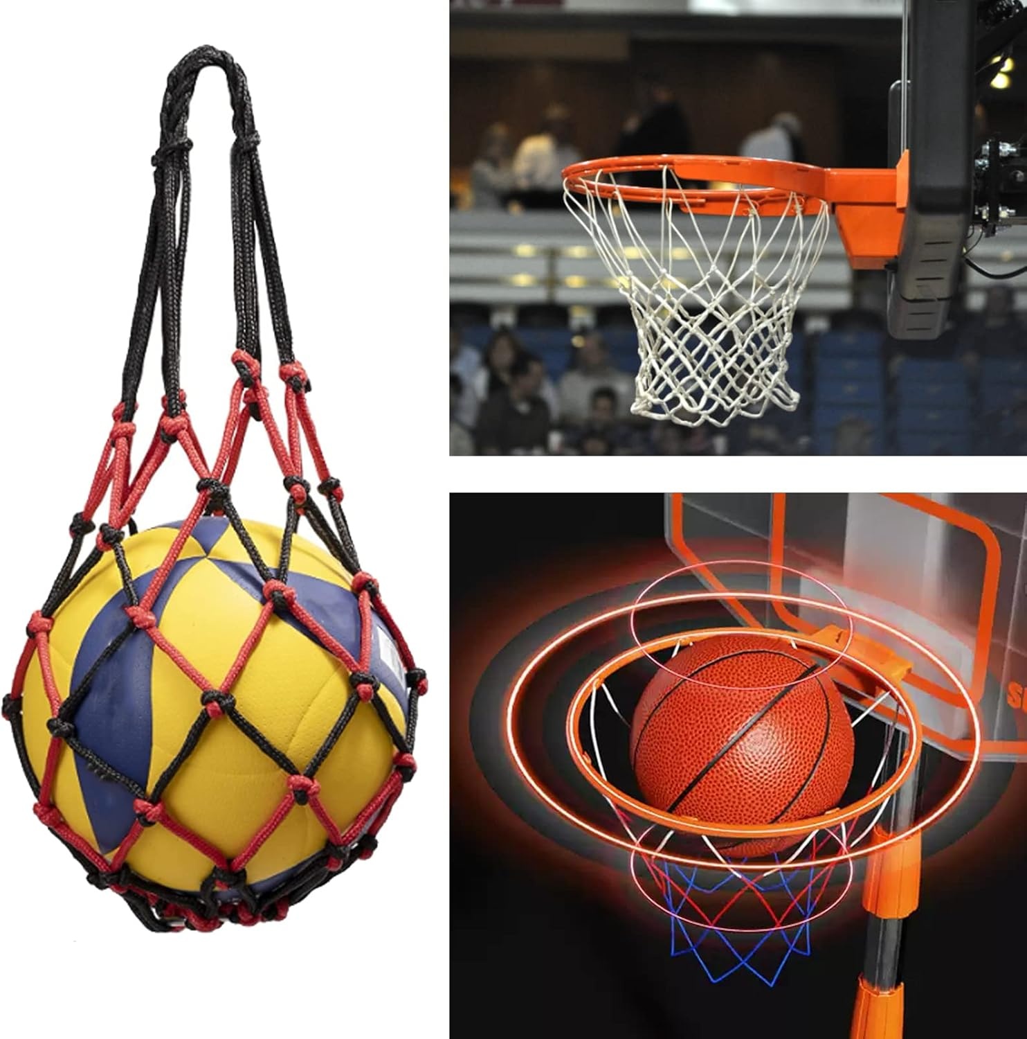 Draagbaar balnet, set van 2, voetbalsportnet, baltas en net, baldraag-tennisnet, passend met trekkoord, 2 balnaalden (blauw, wit + zwart, rood)