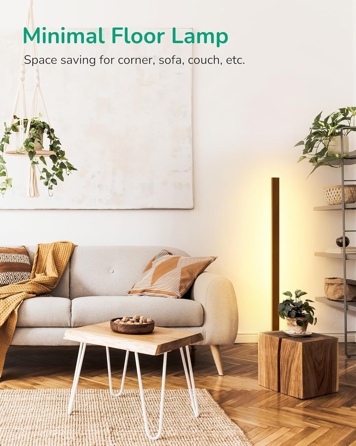 EDISHINE Staande lamp van hout, 18W dimbare LED staande lamp, 3000K warm wit, rustieke vloerlamp met voetschakelaar, 800 lumen lichtzuil voor woonkamer, slaapkamer, kantoor, greige.