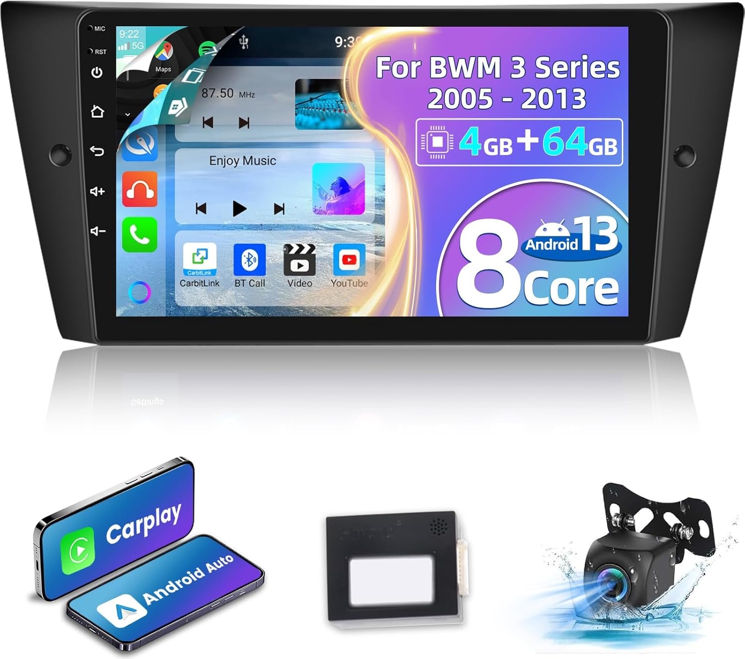 NHOPEEW 8 Core Android Autoradio voor BMW 3 Serie 316 318 320 325 330 2005-2013 - Draadloos Carplay & Android Auto - 4 + 64G 9 Inch Touchscreen DSP Radio - WiFi/GPS/SWC + AHD Achteruitrijcamera & MIC