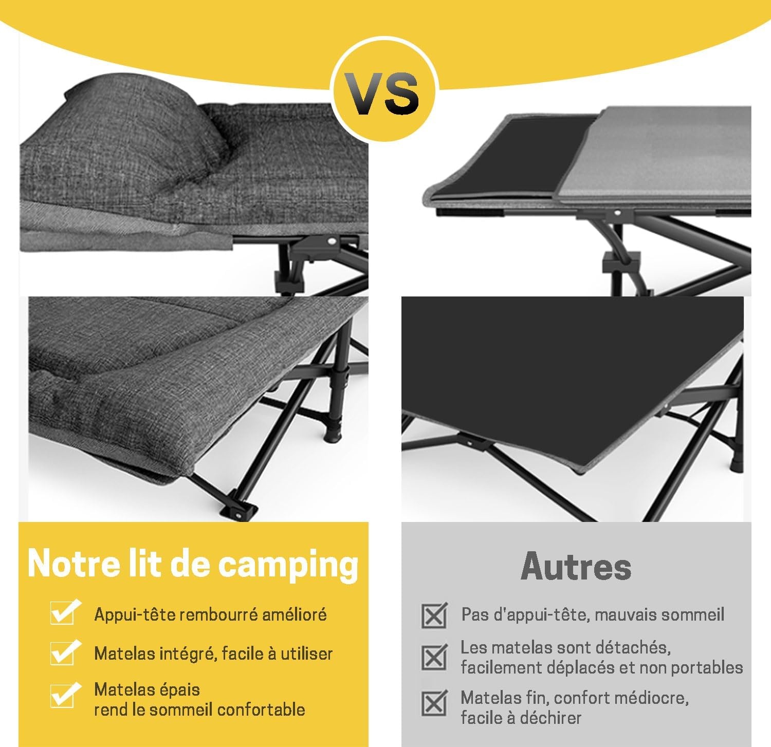 Opvouwbaar campingbed, robuust voor volwassenen, belastbaar tot 250 kg, voor outdoor, camping, reizen, thuis, enz. (grijs)