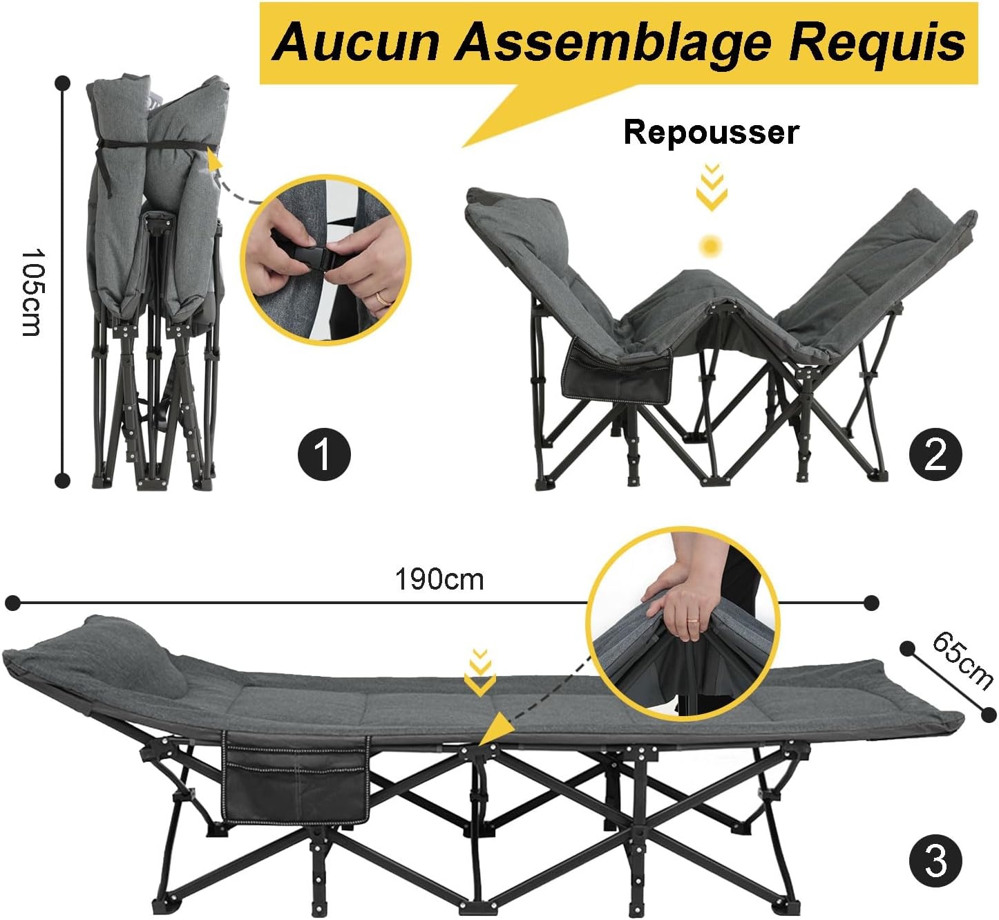 Opvouwbaar campingbed, robuust voor volwassenen, belastbaar tot 250 kg, voor outdoor, camping, reizen, thuis, enz. (grijs)