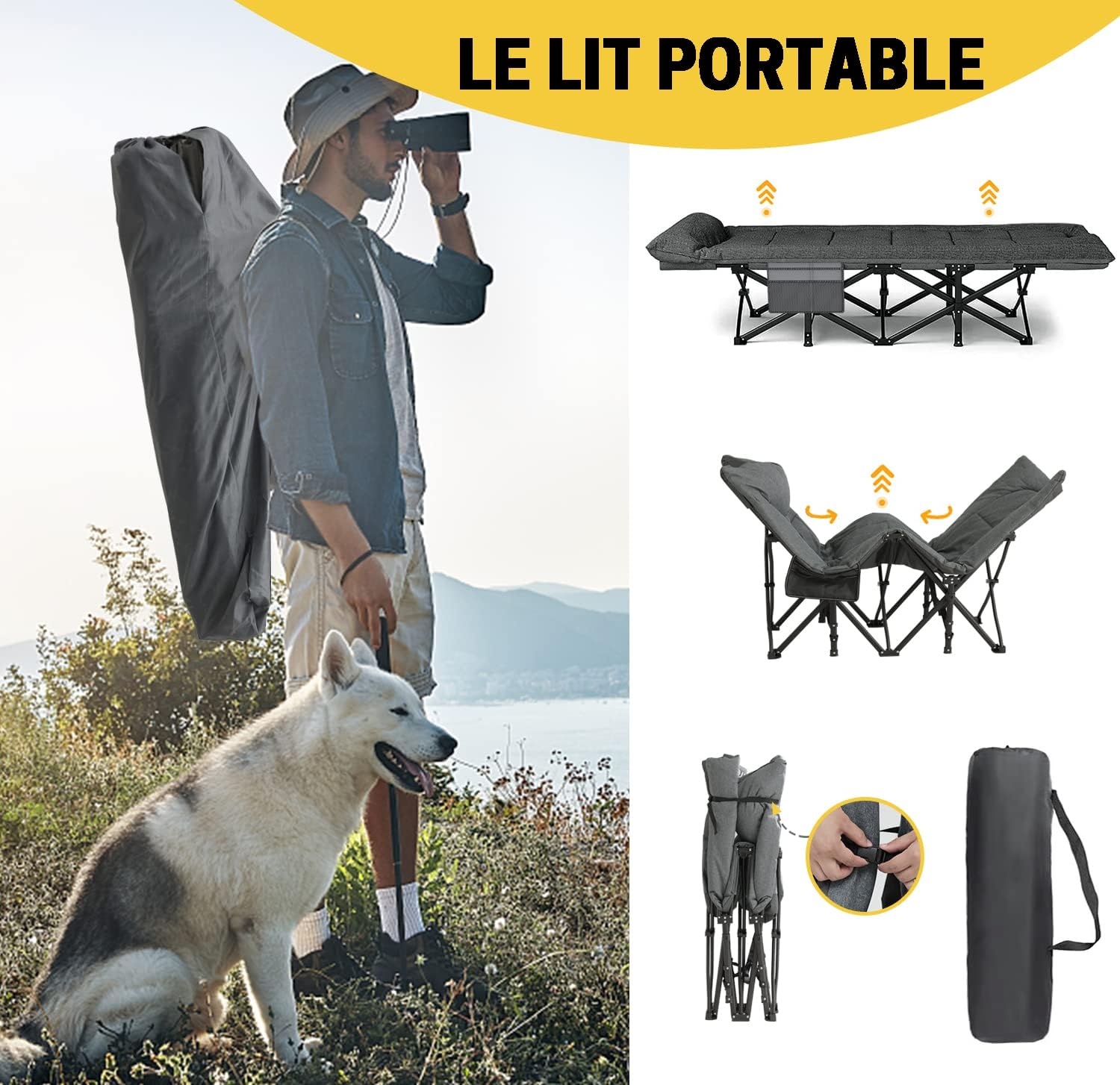 Opvouwbaar campingbed, robuust voor volwassenen, belastbaar tot 250 kg, voor outdoor, camping, reizen, thuis, enz. (grijs)