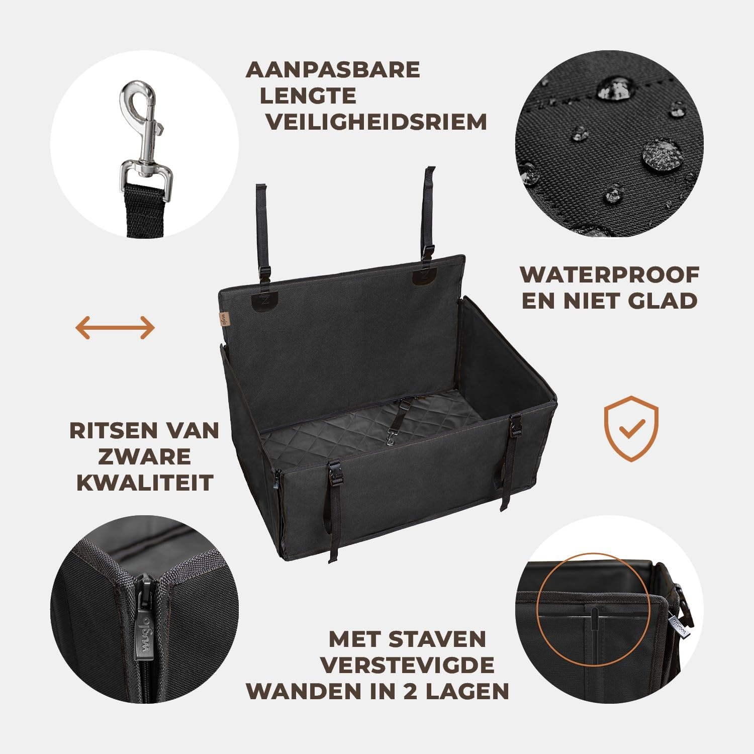 Extra stabiele hondenautostoel – Versterkte autostoel voor middelgrote honden met 4 bevestigingsriemen – Stevige en waterdichte huisdierenstoel voor op de achterbank van de auto