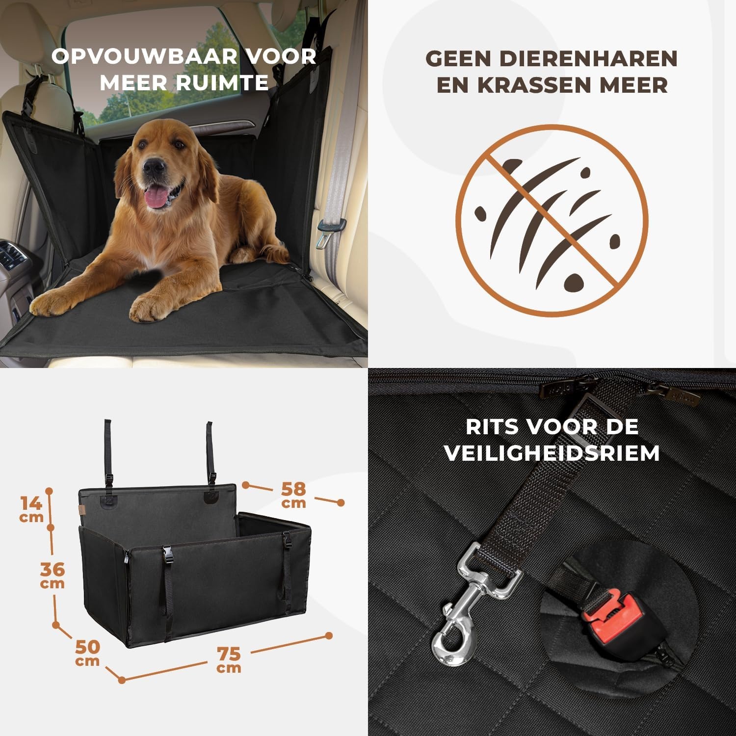 Extra stabiele hondenautostoel – Versterkte autostoel voor middelgrote honden met 4 bevestigingsriemen – Stevige en waterdichte huisdierenstoel voor op de achterbank van de auto