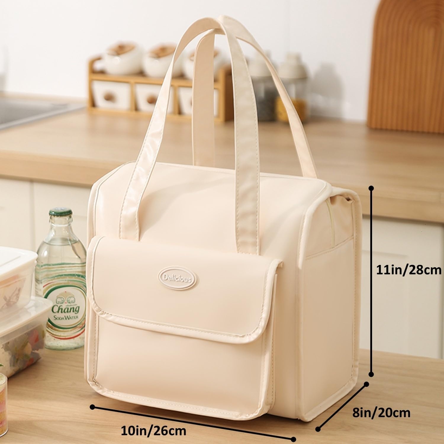 Lunch Bag voor damesmode, lekvrije koeltas, grote leren lunchtas, ideaal voor kantoor, werk of picknick (beige)