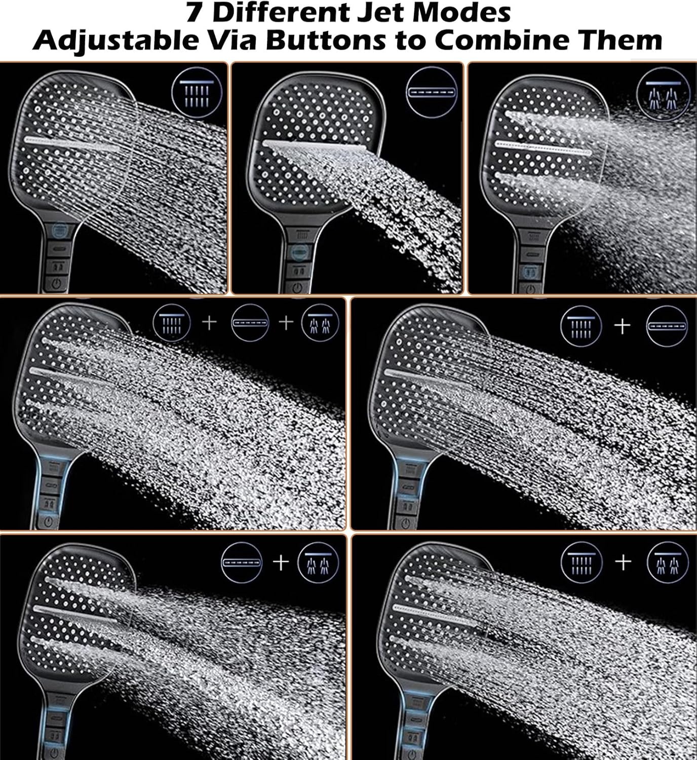 Grote douchekop met hoge druk, waterbesparend, 7 straalsoorten (donkergrijs)