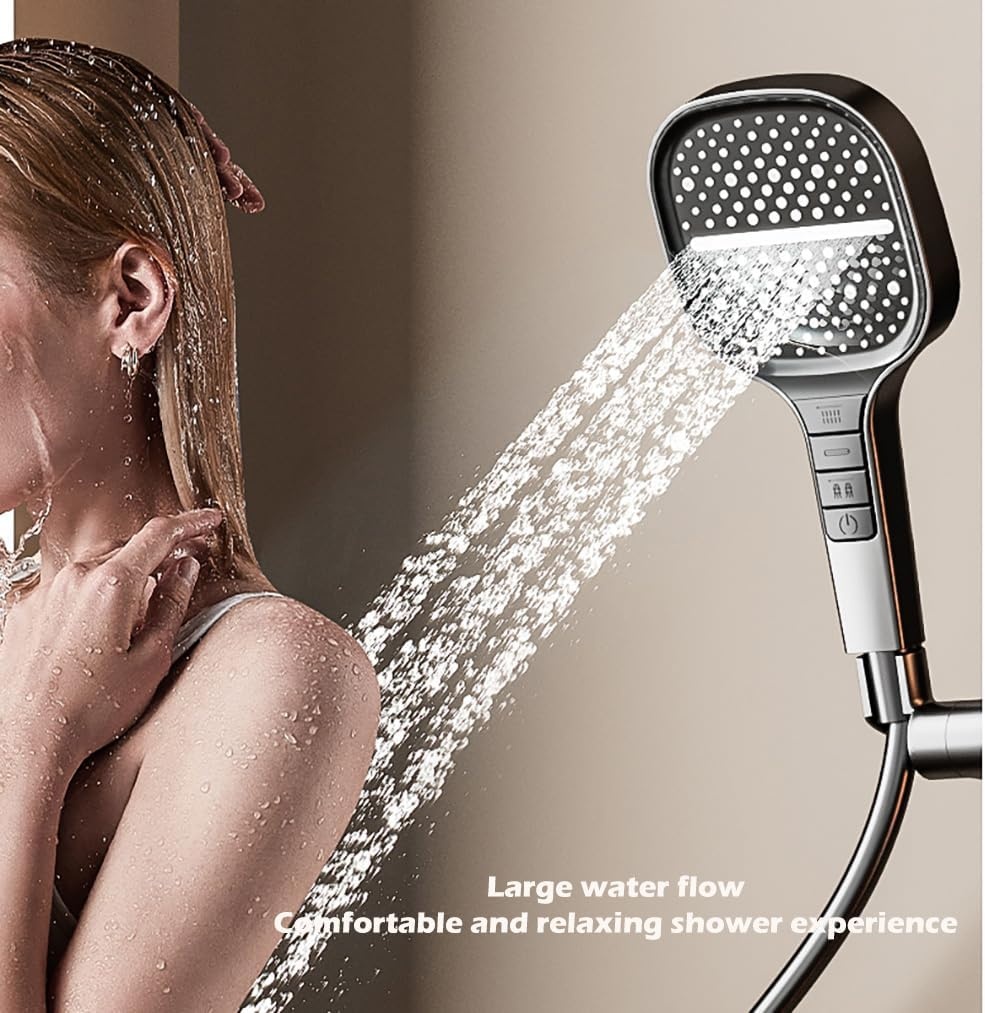 Grote douchekop met hoge druk, waterbesparend, 7 straalsoorten (donkergrijs)