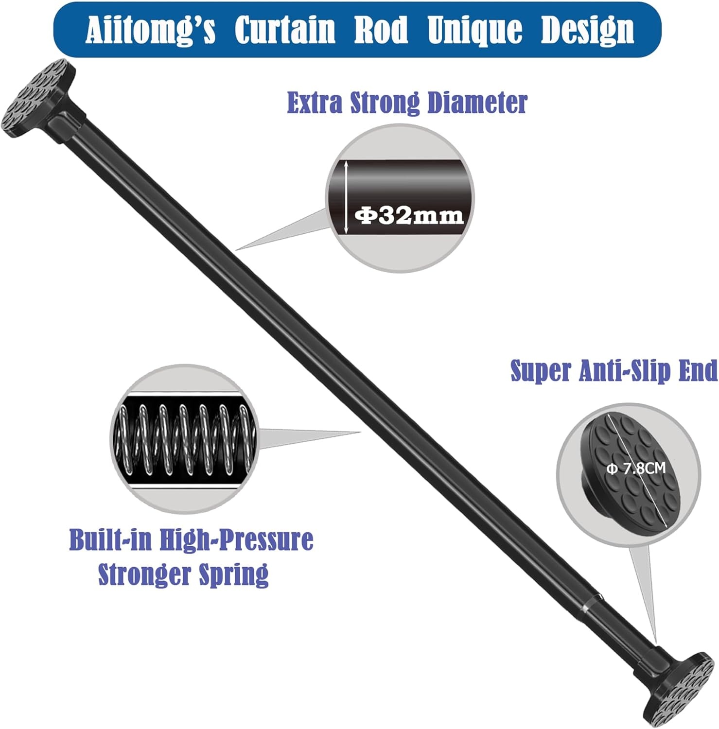 Doucherail, geen boren, uitschuifbare gordijnroede voor klemmen, telescopische roede, douchegordijnrail voor badkamer, slaapkamer, zwart (85-220 cm, Φ32 mm)