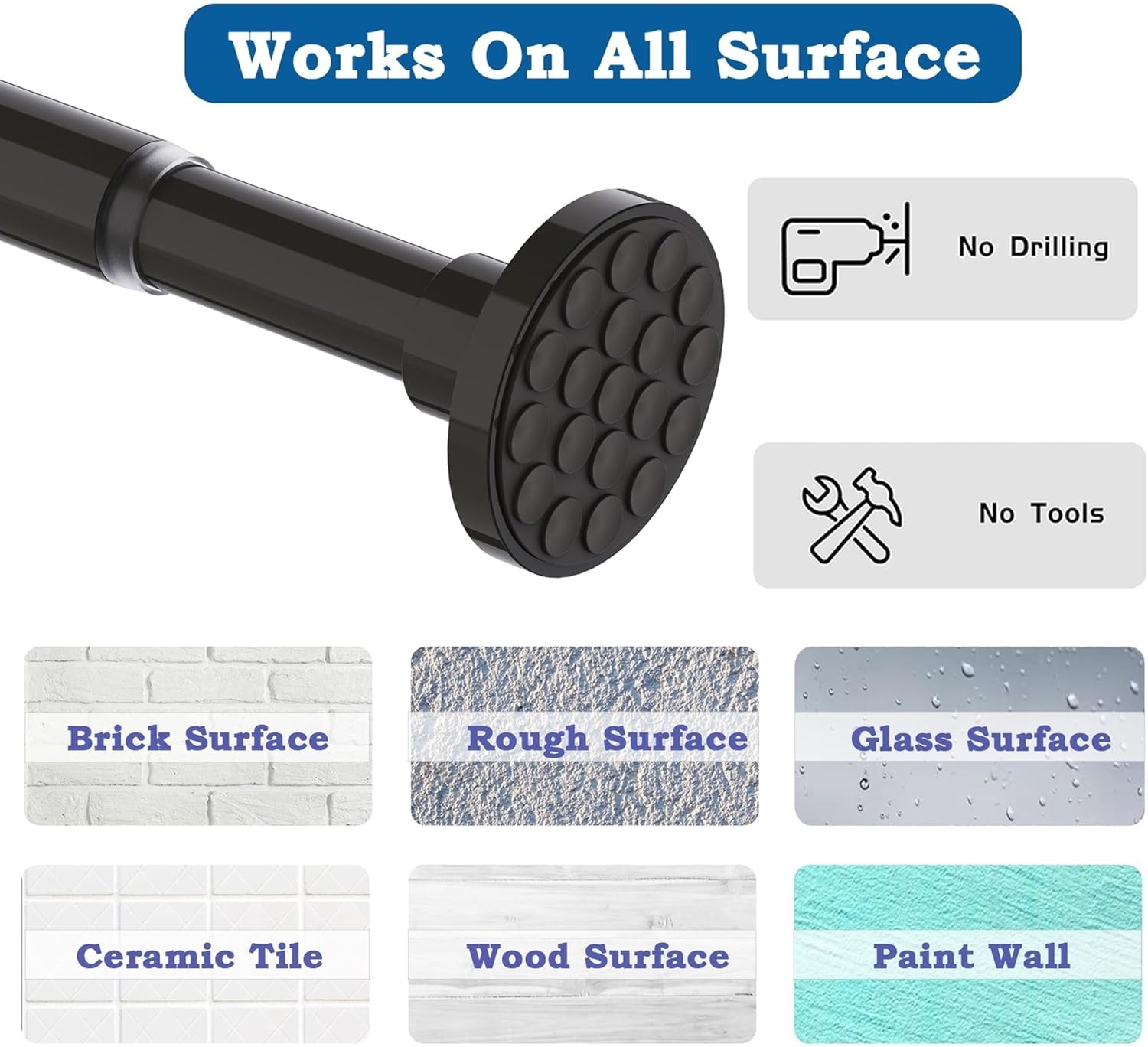 Doucherail, geen boren, uitschuifbare gordijnroede voor klemmen, telescopische roede, douchegordijnrail voor badkamer, slaapkamer, zwart (85-220 cm, Φ32 mm)