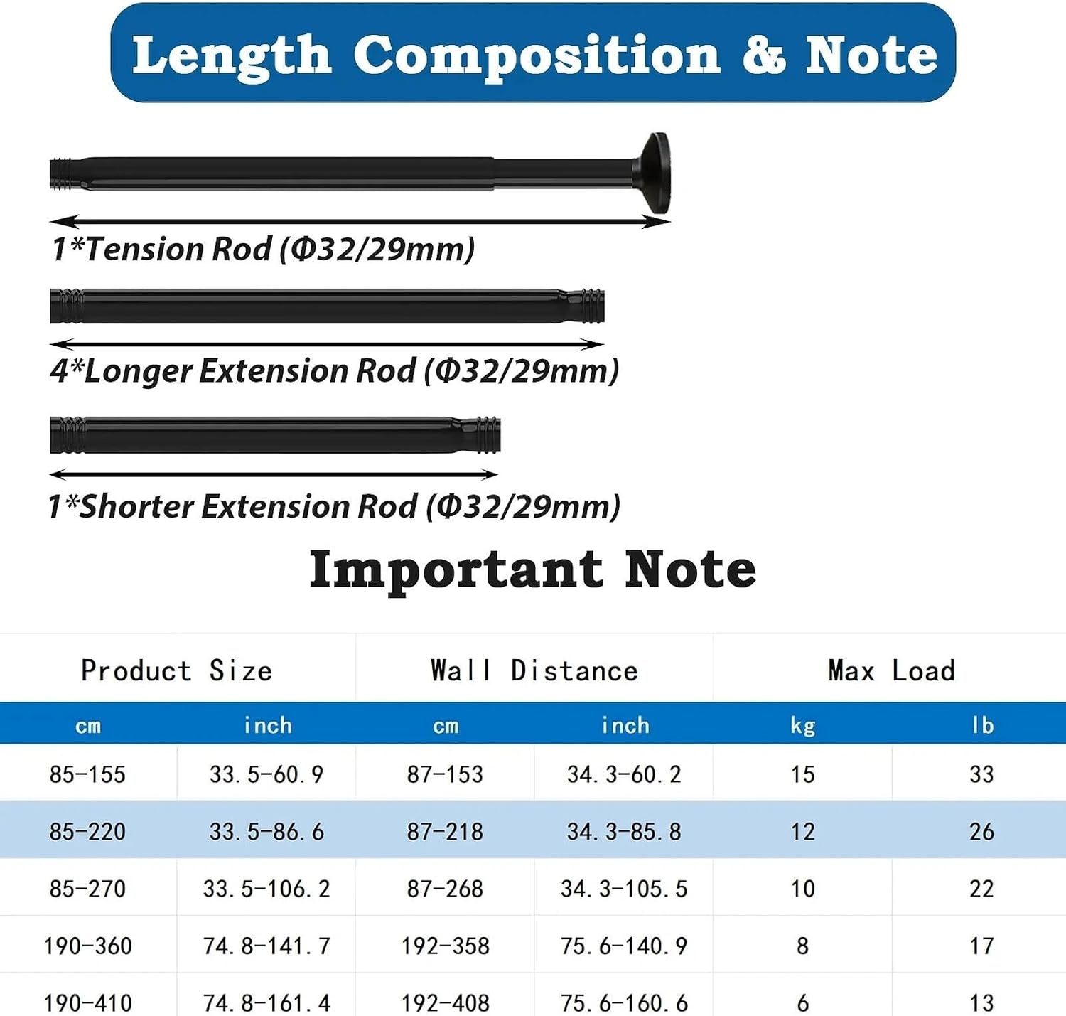 Doucherail, geen boren, uitschuifbare gordijnroede voor klemmen, telescopische roede, douchegordijnrail voor badkamer, slaapkamer, zwart (85-220 cm, Φ32 mm)