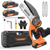 Kettingzaag, 6 inch, mini, draagbaar, 21 V, tweestroom, één oplader, CE-Europese standaard, met oplader, accu, moersleutel, geschikt voor de tuin (oranje 15,5 cm) (oranje, 16,3 cm)