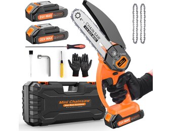 Kettingzaag, 6 inch, mini, draagbaar, 21 V, tweestroom, één oplader, CE-Europese standaard, met oplader, accu, moersleutel, geschikt voor de tuin (oranje 15,5 cm) (oranje, 16,3 cm)