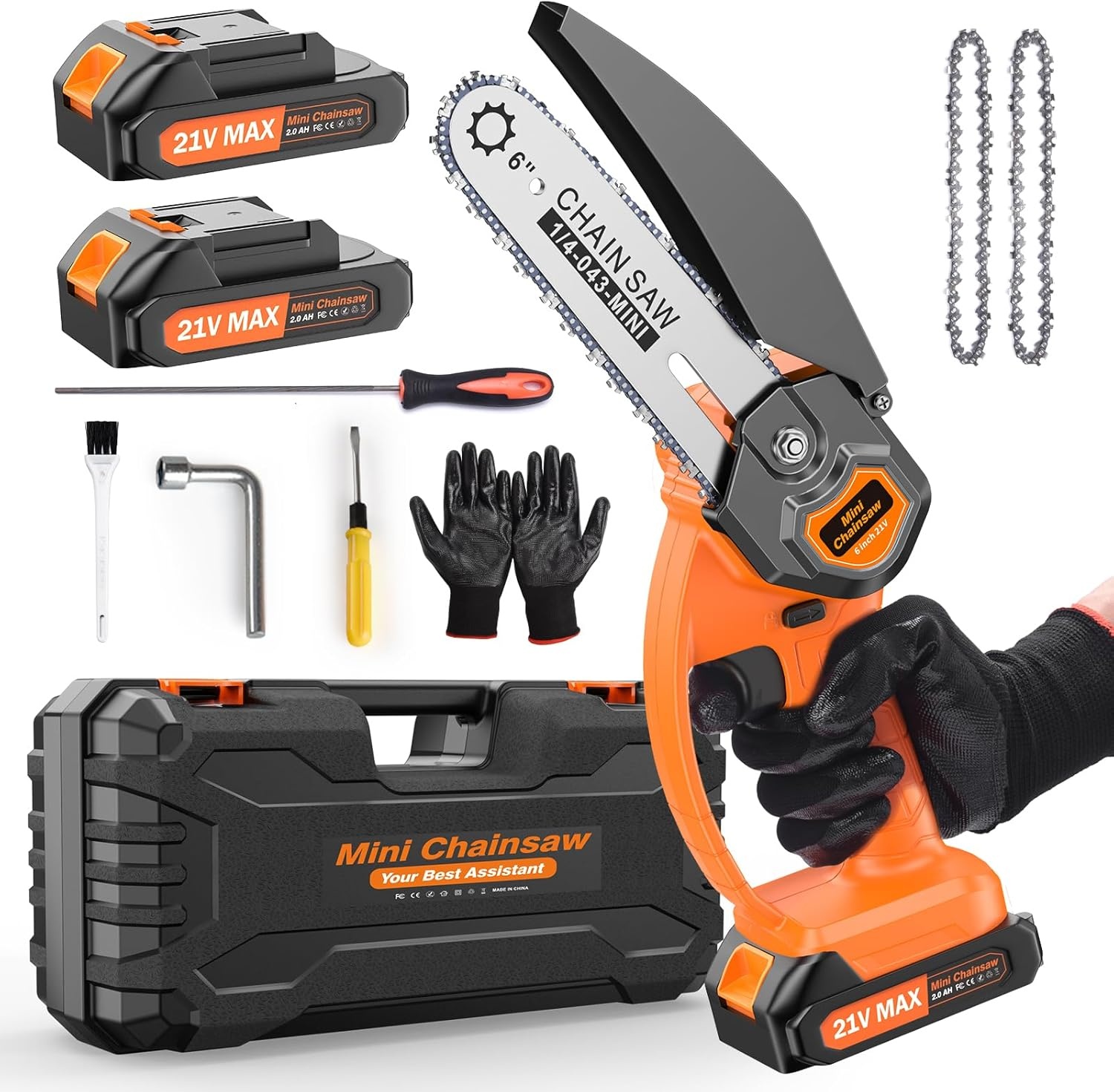 Kettingzaag, 6 inch, mini, draagbaar, 21 V, tweestroom, één oplader, CE-Europese standaard, met oplader, accu, moersleutel, geschikt voor de tuin (oranje 15,5 cm) (oranje, 16,3 cm)