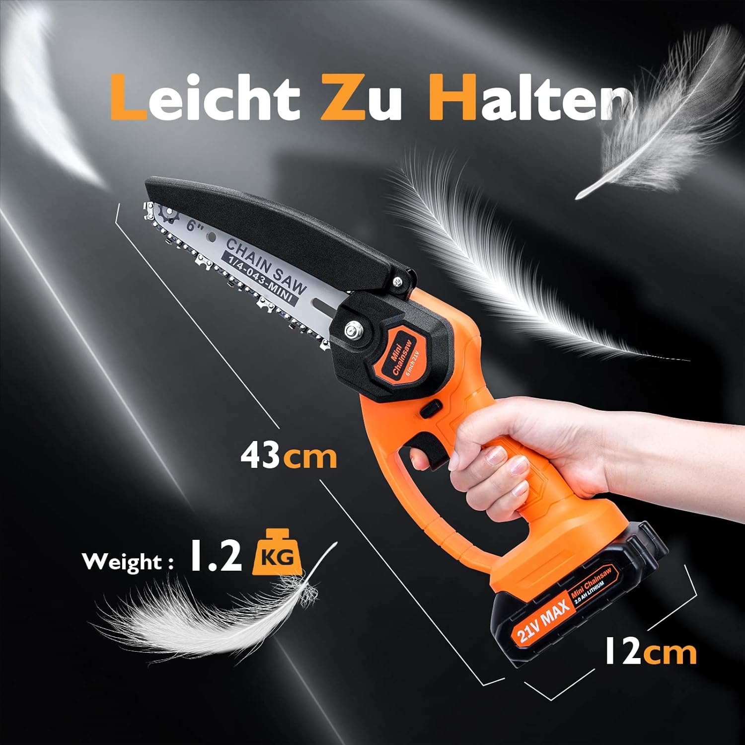 Kettingzaag, 6 inch, mini, draagbaar, 21 V, tweestroom, één oplader, CE-Europese standaard, met oplader, accu, moersleutel, geschikt voor de tuin (oranje 15,5 cm) (oranje, 16,3 cm)