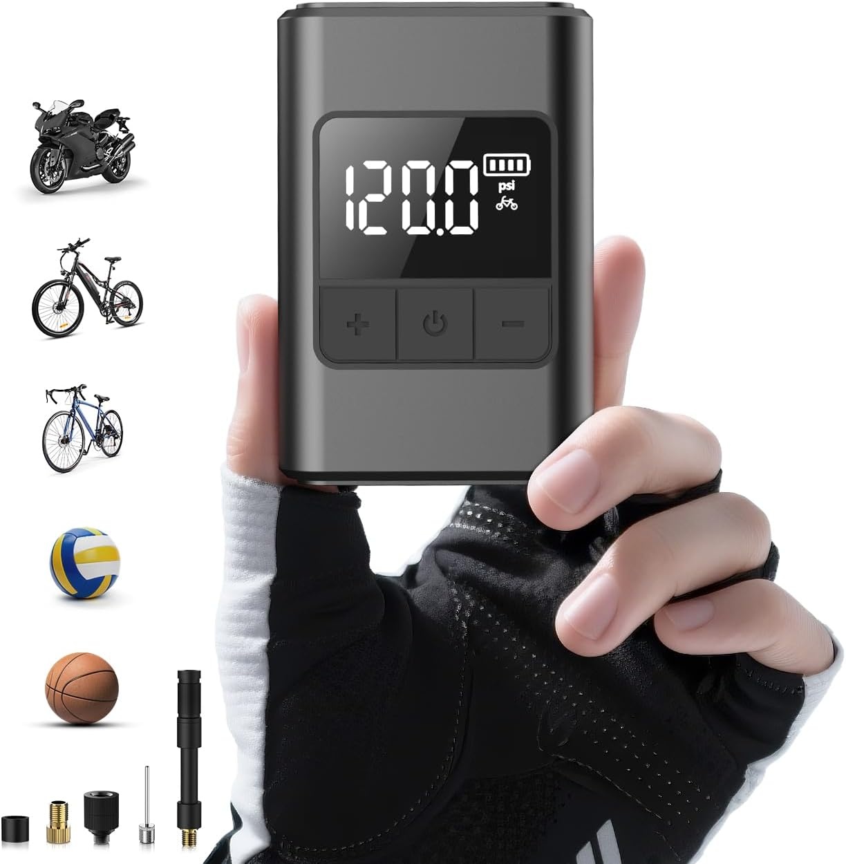 Mini Electric Bicycle Pump, 120 PSI Battery Bicycle Air Pump, Portable Air Pump Bicycle with Pressure Gauge, Auto-Off & LED Light, with Presta and Schrader Valves for E-Bikes, Mountain Bikes