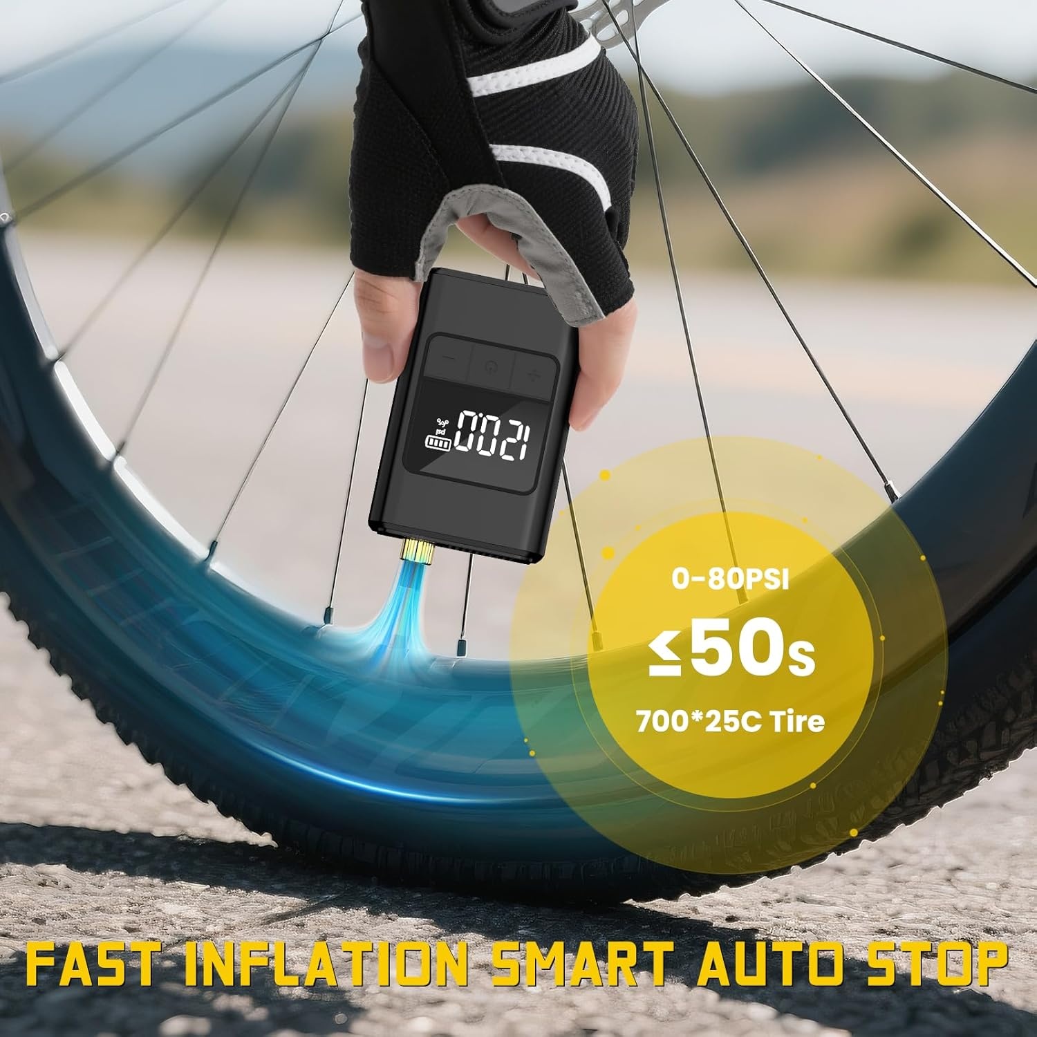 Mini Electric Bicycle Pump, 120 PSI Battery Bicycle Air Pump, Portable Air Pump Bicycle with Pressure Gauge, Auto-Off & LED Light, with Presta and Schrader Valves for E-Bikes, Mountain Bikes