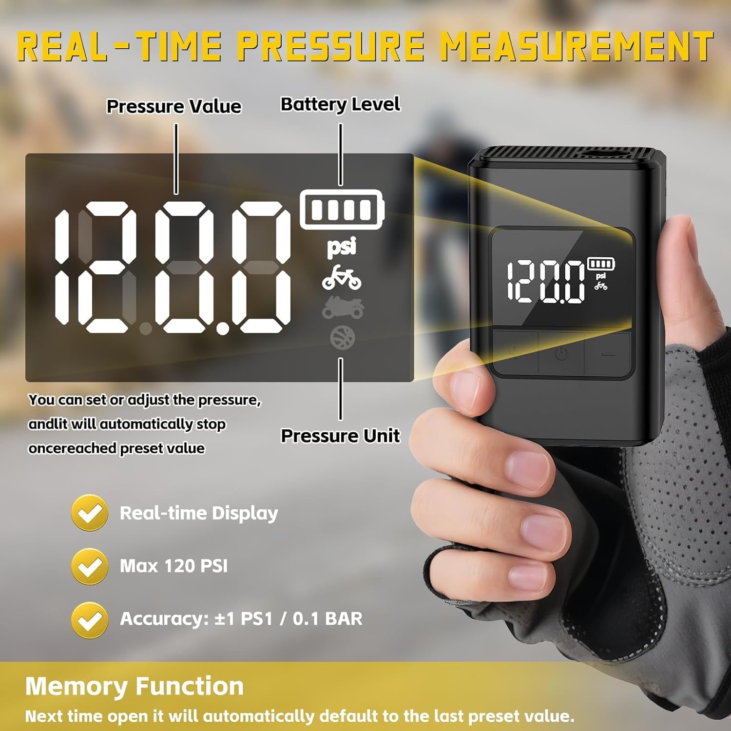 Mini Electric Bicycle Pump, 120 PSI Battery Bicycle Air Pump, Portable Air Pump Bicycle with Pressure Gauge, Auto-Off & LED Light, with Presta and Schrader Valves for E-Bikes, Mountain Bikes