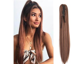 Klauw op Paardenstaart Haarstuk Vlecht Verlenging Rechte Lange Paardenstaart Extensies Haarverlenging Synthetische Ponytail, 50cm Donkerbruin