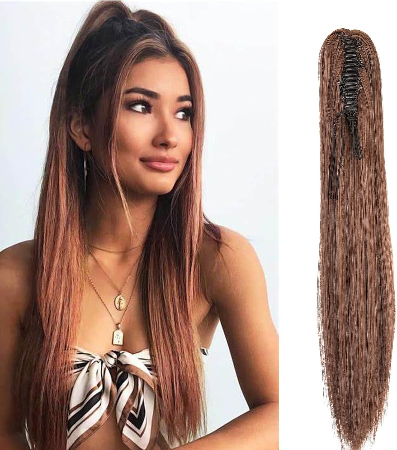 Klauw op Paardenstaart Haarstuk Vlecht Verlenging Rechte Lange Paardenstaart Extensies Haarverlenging Synthetische Ponytail, 50cm Donkerbruin