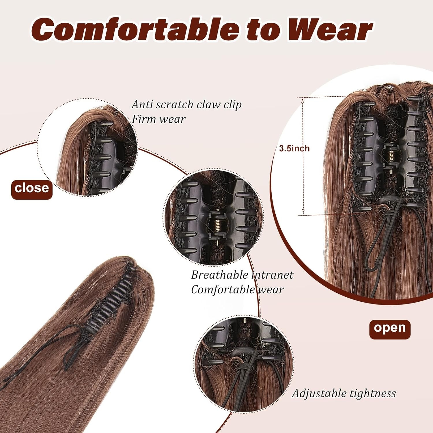 Klauw op Paardenstaart Haarstuk Vlecht Verlenging Rechte Lange Paardenstaart Extensies Haarverlenging Synthetische Ponytail, 50cm Donkerbruin