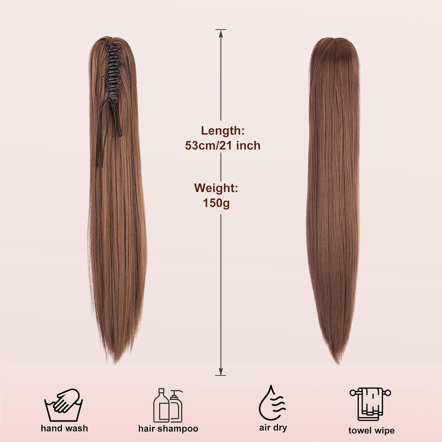 Klauw op Paardenstaart Haarstuk Vlecht Verlenging Rechte Lange Paardenstaart Extensies Haarverlenging Synthetische Ponytail, 50cm Donkerbruin