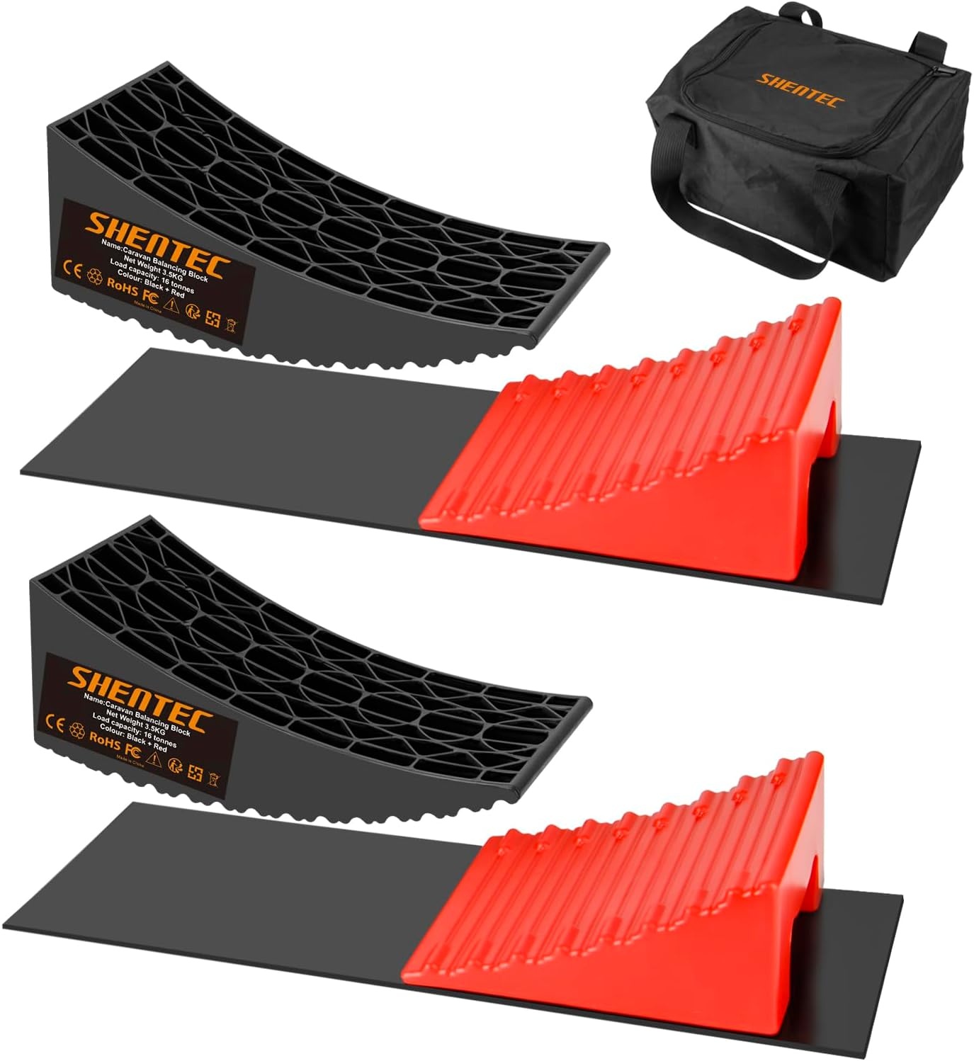Shentec Oprijwiggen, set van 2, compensatiewiggen voor campers en caravans, tot 16 ton, incl. 2 remwiggen, draagtas, 2 antislipmatten, tredewiggen, kunststof