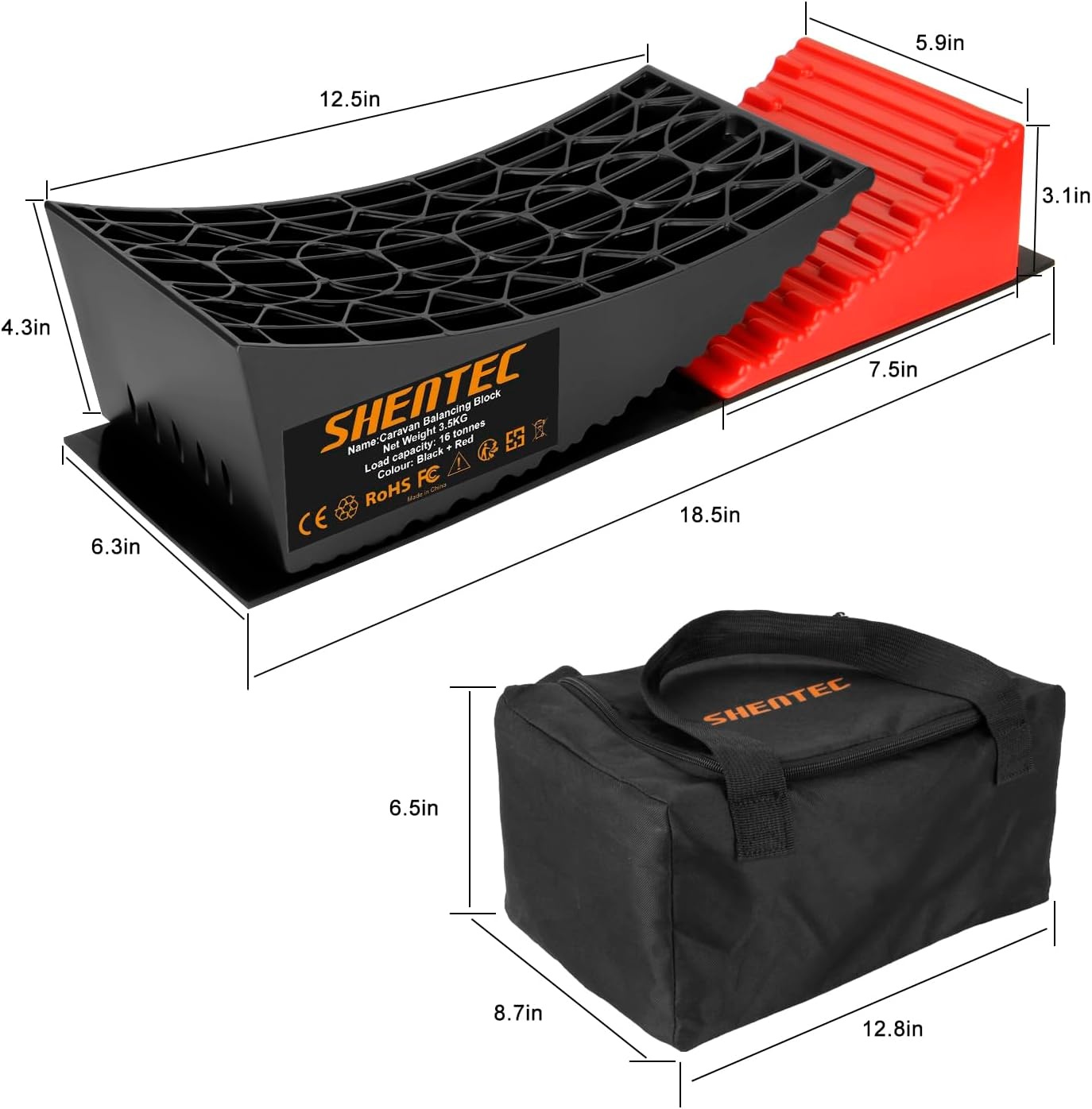 Shentec Oprijwiggen, set van 2, compensatiewiggen voor campers en caravans, tot 16 ton, incl. 2 remwiggen, draagtas, 2 antislipmatten, tredewiggen, kunststof