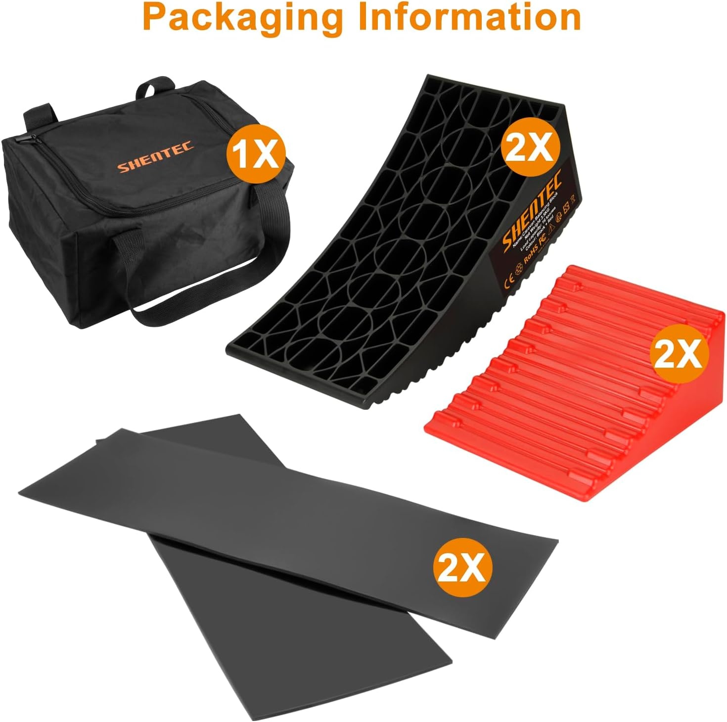 Shentec Oprijwiggen, set van 2, compensatiewiggen voor campers en caravans, tot 16 ton, incl. 2 remwiggen, draagtas, 2 antislipmatten, tredewiggen, kunststof