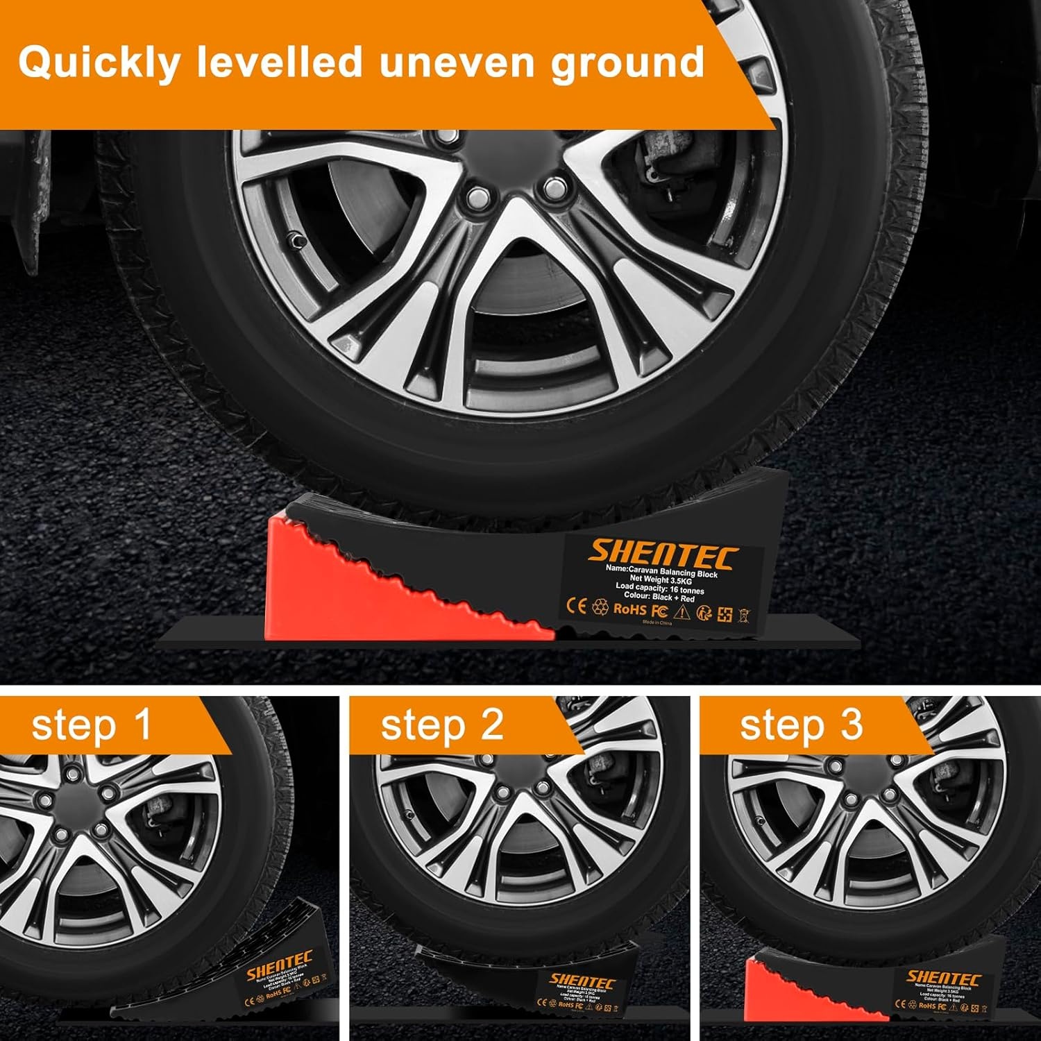 Shentec Oprijwiggen, set van 2, compensatiewiggen voor campers en caravans, tot 16 ton, incl. 2 remwiggen, draagtas, 2 antislipmatten, tredewiggen, kunststof
