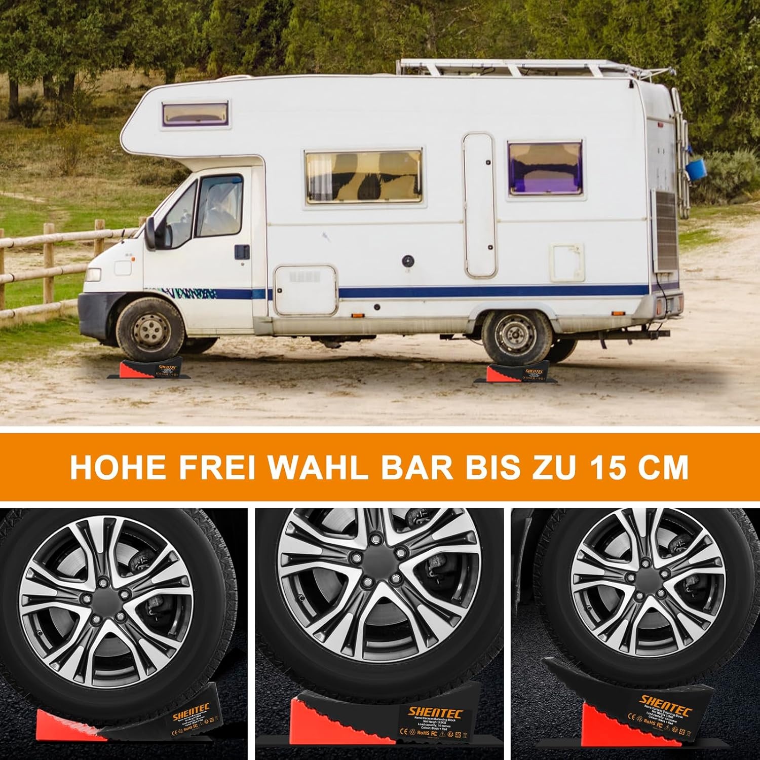 Shentec Oprijwiggen, set van 2, compensatiewiggen voor campers en caravans, tot 16 ton, incl. 2 remwiggen, draagtas, 2 antislipmatten, tredewiggen, kunststof