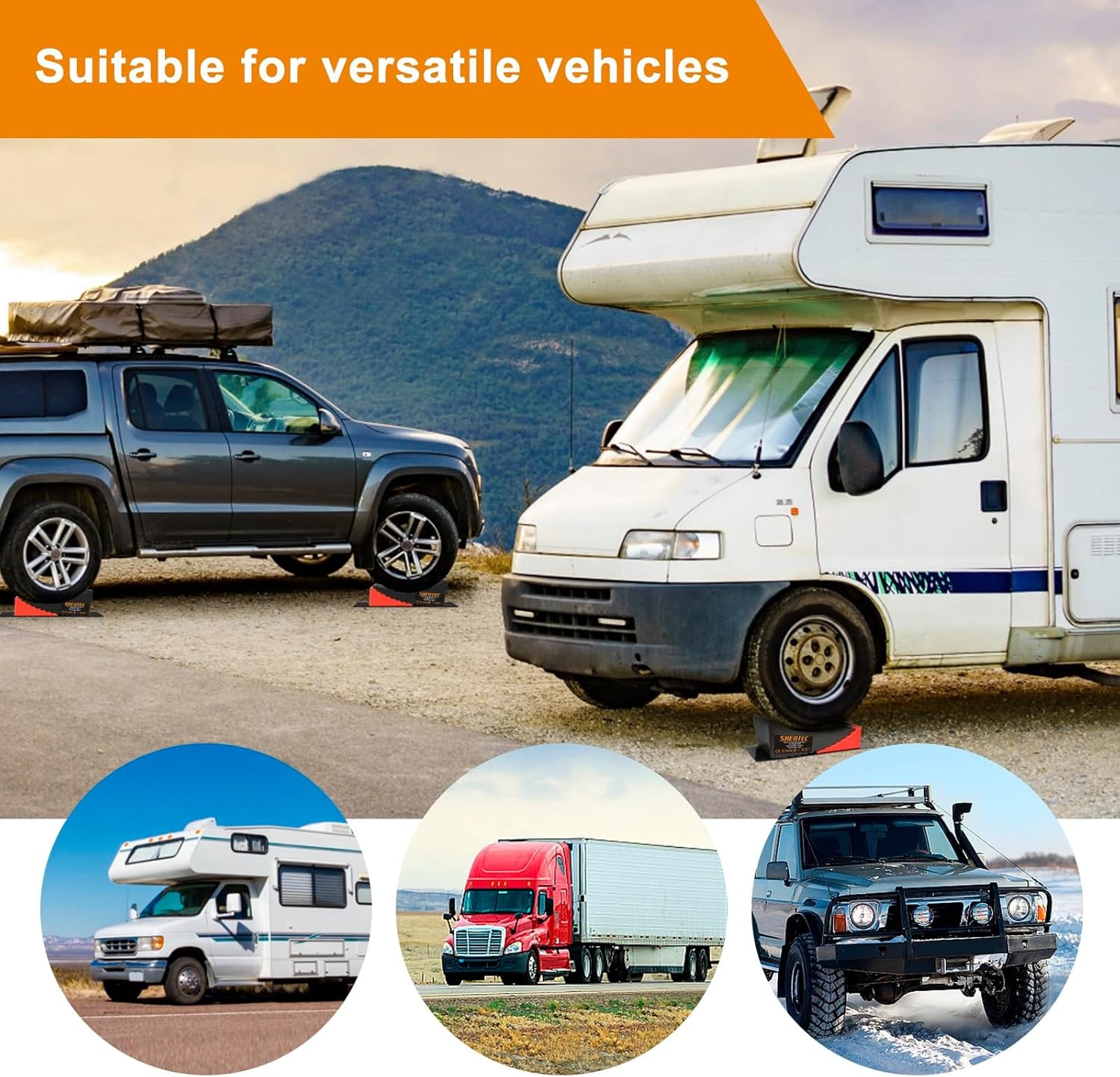 Shentec Oprijwiggen, set van 2, compensatiewiggen voor campers en caravans, tot 16 ton, incl. 2 remwiggen, draagtas, 2 antislipmatten, tredewiggen, kunststof