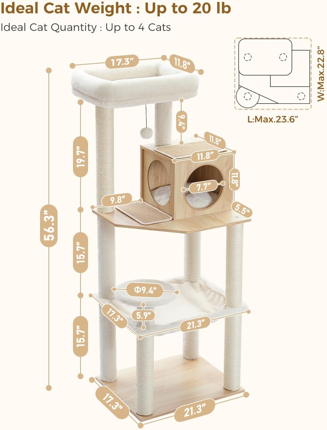 PETEPELA Houten Kattenkrabpaal - 143cm Beige - Nu 30% Korting!