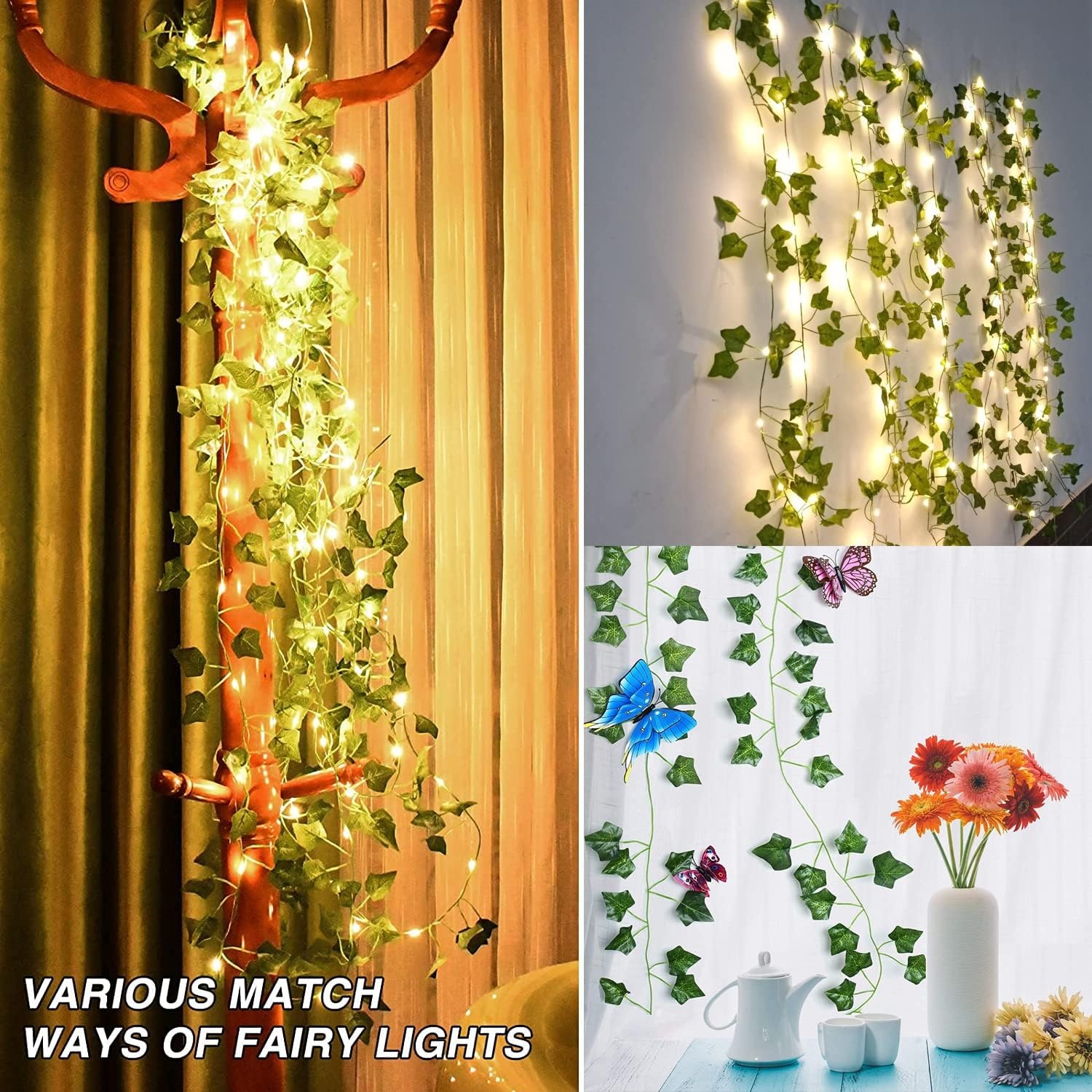 Fielegen 2 stuks per 20 leds, klimop, slinger, met batterij, hangende nep-klimop, wijnrood, feeënlichten voor slaapkamer, bruiloft, feest, vakantie, tuin, patio, decoratie