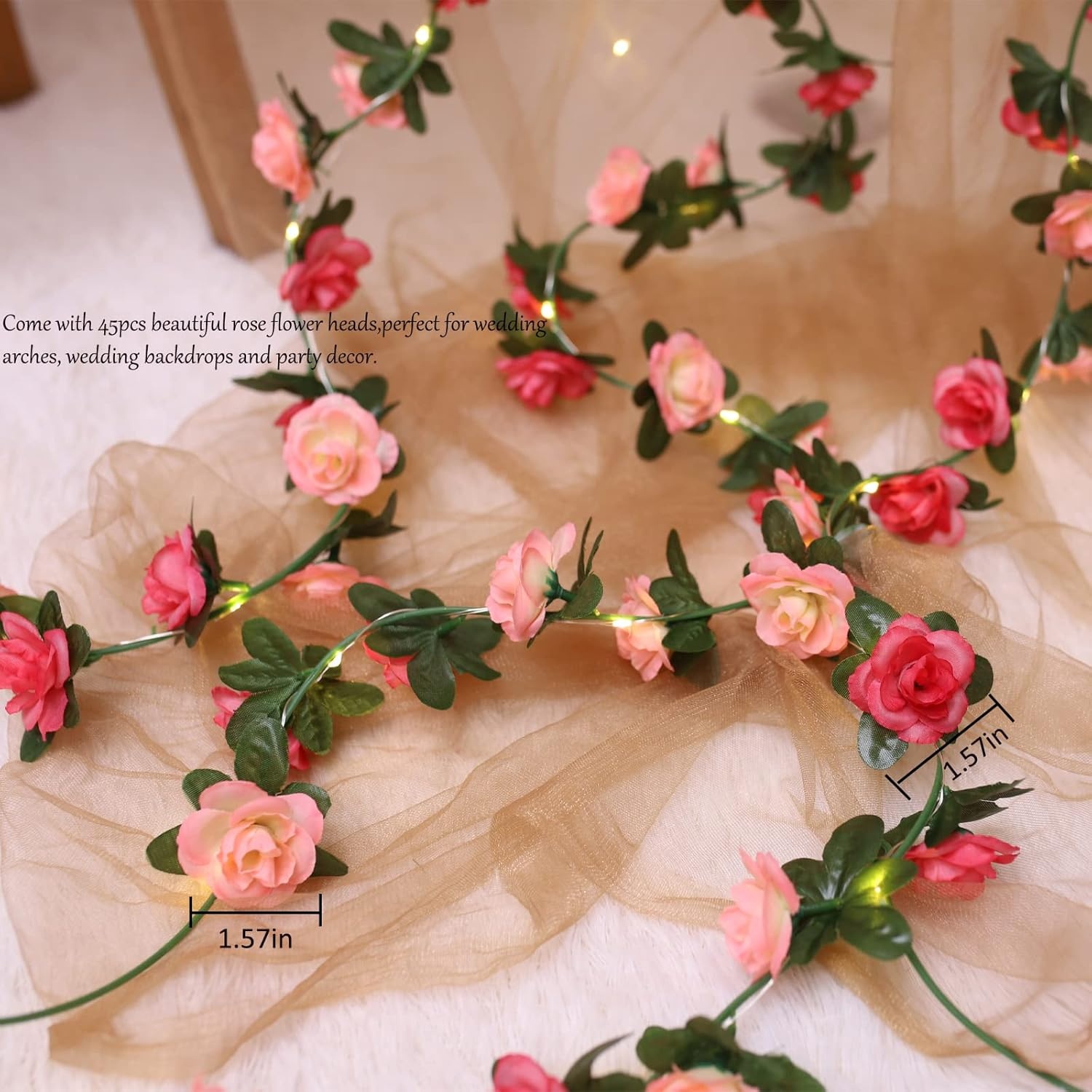 Fielegen 2 Pack 60LED Bloem Rose Vine String Lights, 20ft Batterij Aangedreven Kunstmatige Rose Bloem Garland Fairy Lights voor Valentijnsdag Bruiloft Verjaardag Party Slaapkamer Home Garden Decor