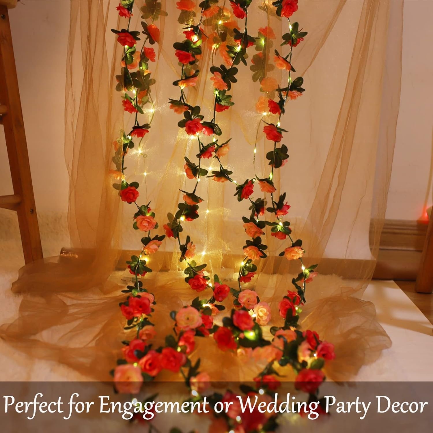 Fielegen 2 Pack 60LED Bloem Rose Vine String Lights, 20ft Batterij Aangedreven Kunstmatige Rose Bloem Garland Fairy Lights voor Valentijnsdag Bruiloft Verjaardag Party Slaapkamer Home Garden Decor