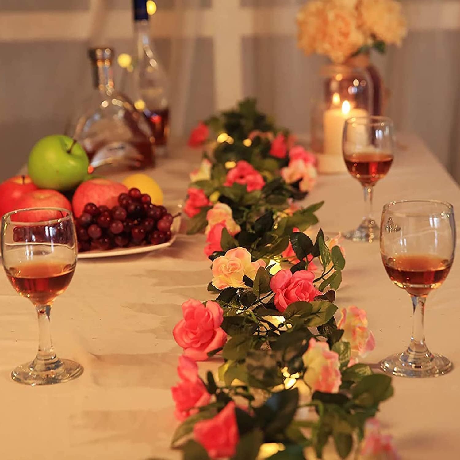 Fielegen 2 Pack 60LED Bloem Rose Vine String Lights, 20ft Batterij Aangedreven Kunstmatige Rose Bloem Garland Fairy Lights voor Valentijnsdag Bruiloft Verjaardag Party Slaapkamer Home Garden Decor