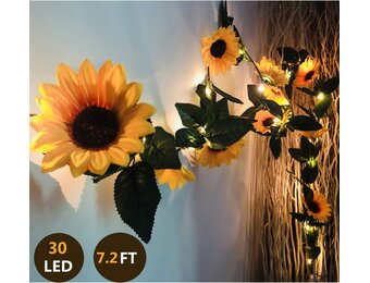 Fielegen 30 LED Artificial Sunflower Garland String Lights 7ft Silk Sunflower Vines with 10 Flower Heads Battery Powered Fairy String Lights for Wedding Party, Valentine's Day, Birthday Bedroom Decor