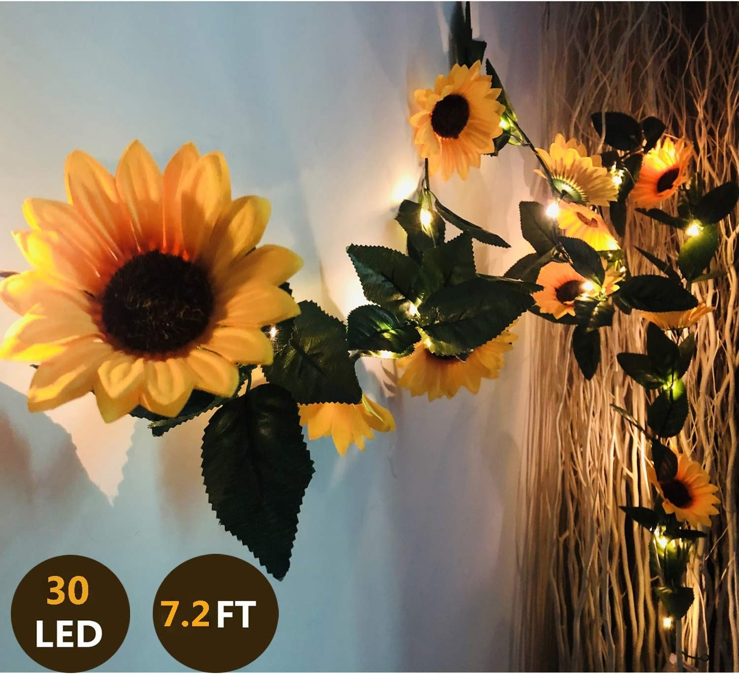 Fielegen 30 LED Artificial Sunflower Garland String Lights 7ft Silk Sunflower Vines with 10 Flower Heads Battery Powered Fairy String Lights for Wedding Party, Valentine's Day, Birthday Bedroom Decor