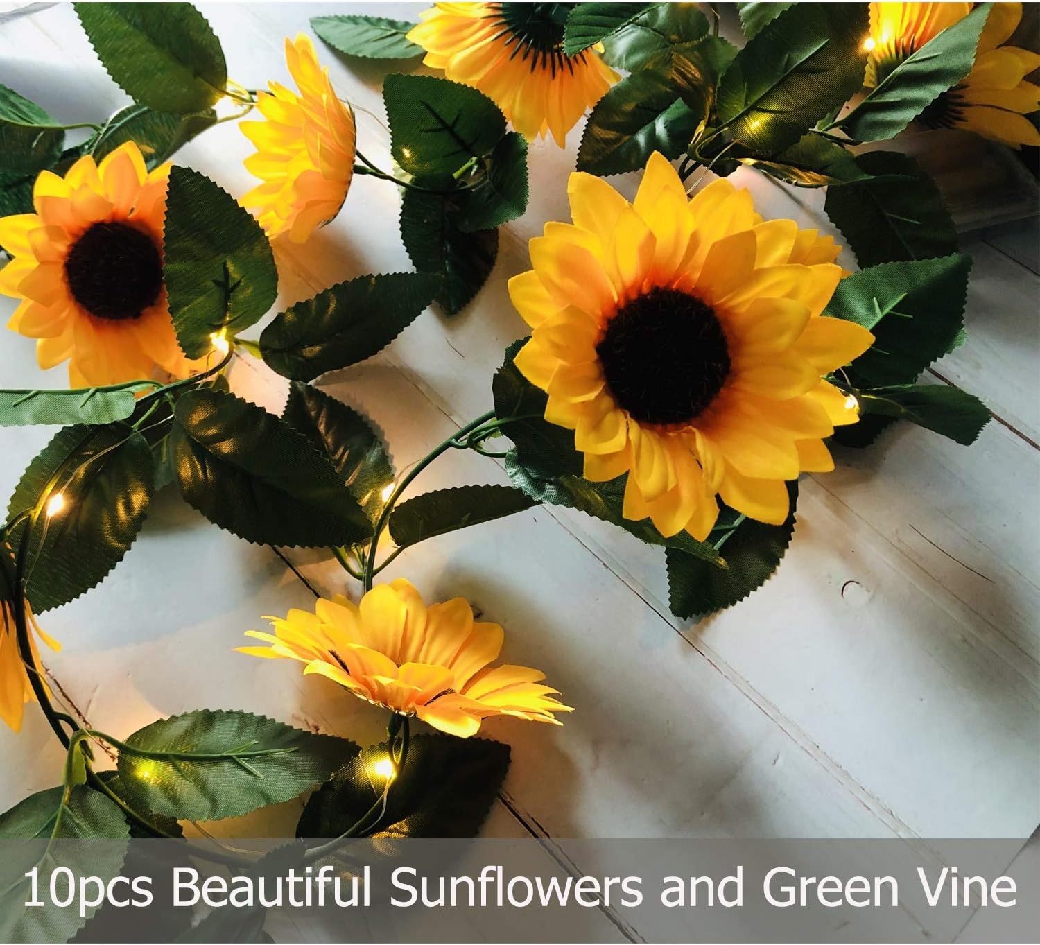 Fielegen 30 LED Artificial Sunflower Garland String Lights 7ft Silk Sunflower Vines with 10 Flower Heads Battery Powered Fairy String Lights for Wedding Party, Valentine's Day, Birthday Bedroom Decor