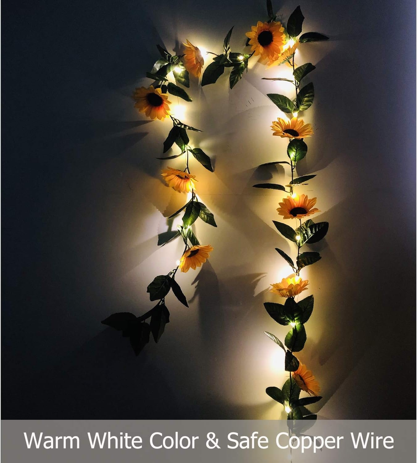 Fielegen 30 LED Artificial Sunflower Garland String Lights 7ft Silk Sunflower Vines with 10 Flower Heads Battery Powered Fairy String Lights for Wedding Party, Valentine's Day, Birthday Bedroom Decor