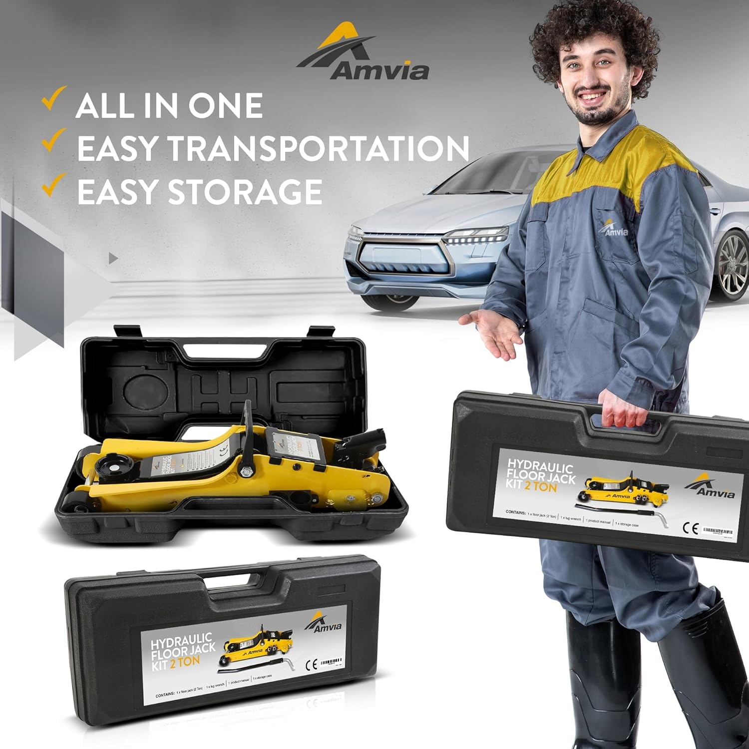 Vloerkrikset 2 ton met koffer - Hydraulische trolleykrik met laag profiel voor SUV en auto - universele autogereedschapsset met moersleutel - draagbare bandenkrik