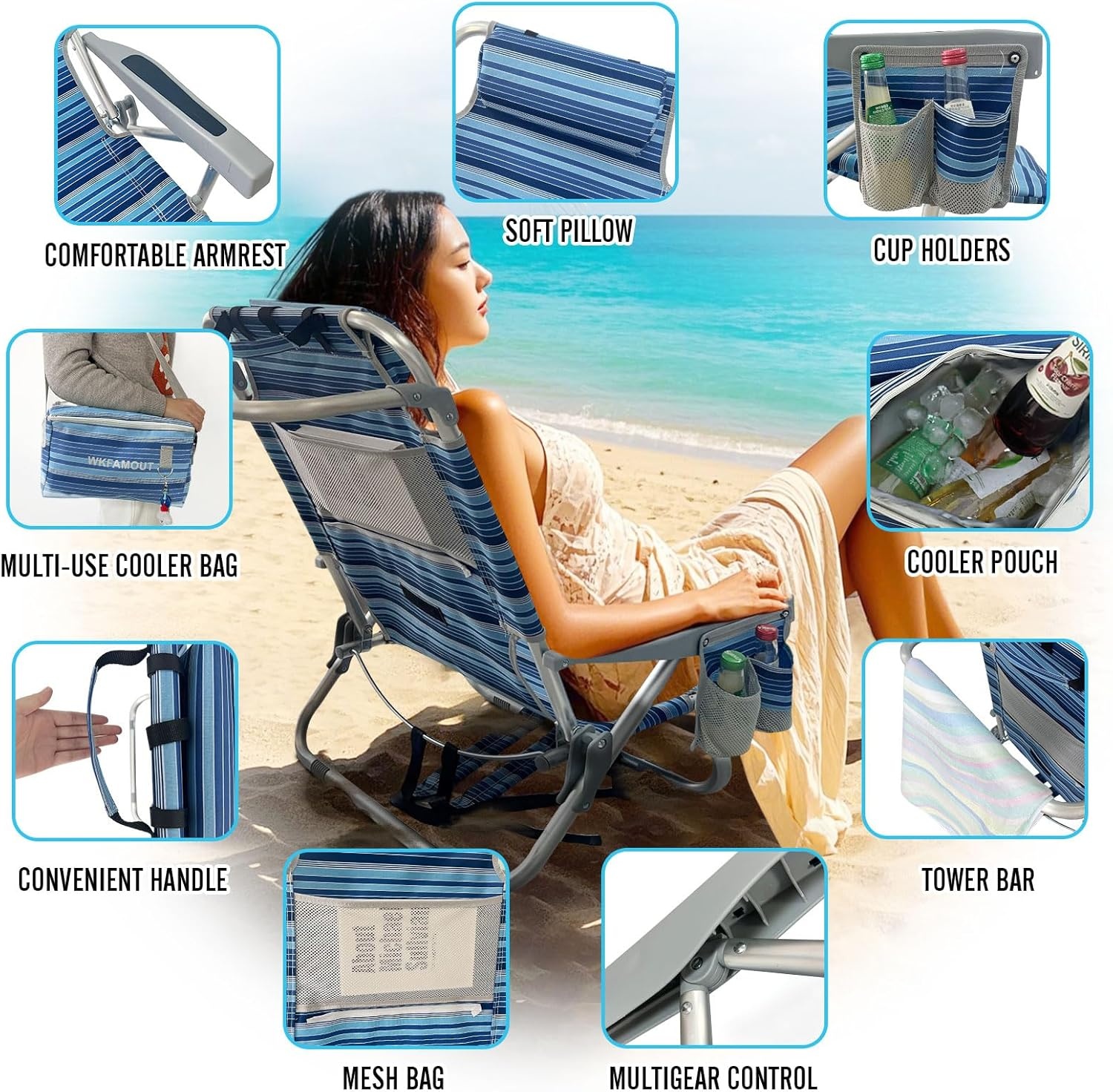 Rugzak Strandstoel Aluminium 2 Pack met Opvouwbare Camping Tafel 5-Positie Lay Flat Lounge Stoel Outdoor voor Volwassenen met Geïsoleerde Koeltas en Bekerhouder