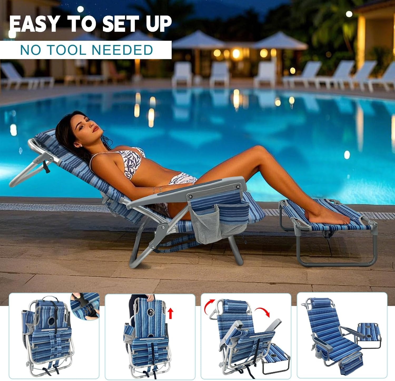 Rugzak Strandstoel Aluminium 2 Pack met Opvouwbare Camping Tafel 5-Positie Lay Flat Lounge Stoel Outdoor voor Volwassenen met Geïsoleerde Koeltas en Bekerhouder