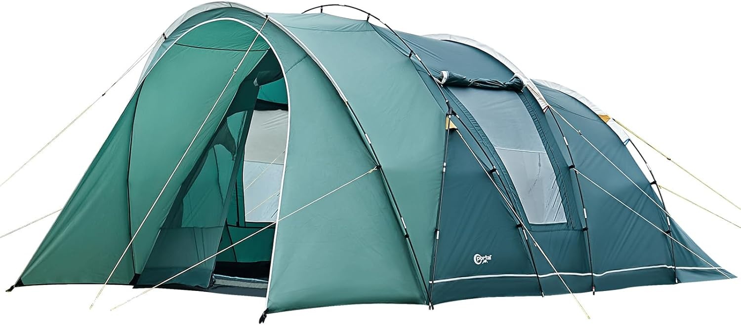 Portal Luxe 6-persoons Tunneltent Grote Familietent met Leefruimte 2 Slaapkamers Afscheidbaar 3000mm Waterdicht 5-persoons Camping Hoge Staande Hoogte met Genaaid Grondzeil 5-6 Persoons